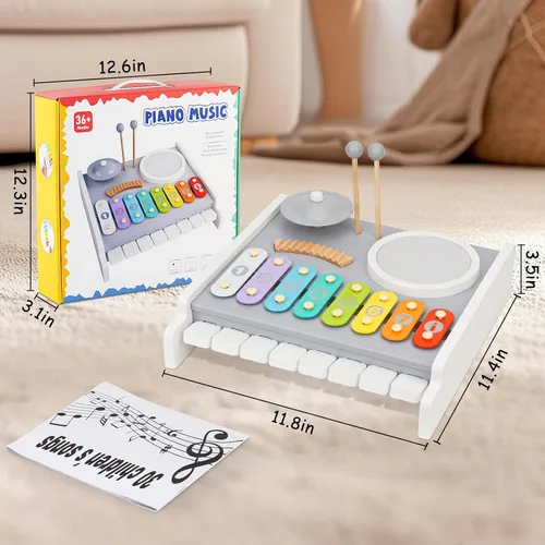 Miniatura 6 de Juego de instrumentos musicales para niños, batería de piano - Juguetes Montessori 5 en 1 para bebés pequeños, kit de música de madera con teclado