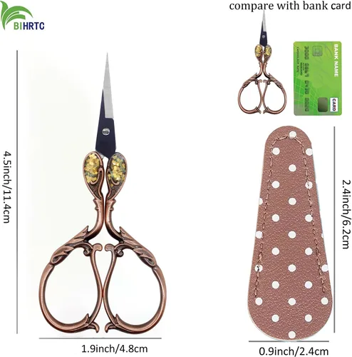 Miniatura 2 de BIHRTC Tijeras pequeñas de bordado vintage de 4.5 pulgadas con cubierta de cuero artificial, tijeras de punta puntiaguda de acero inoxidable, mini