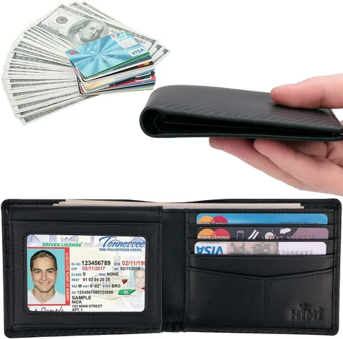 Miniatura 30 de HIMI - Cartera elegante de cuero auténtico para hombre, con bloqueo de interferencia de radiofrecuencia (RFID), con 2 ventanas para identificación