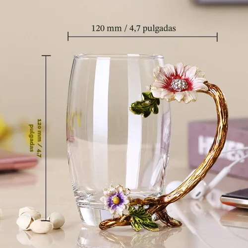 Miniatura 3 de Set de taza de té de cristal esmaltado con girasol sin plomo con cucharita, regalo para Navidad, día de San Valentín. El mejor regalo para tu madre