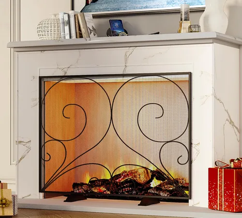 Miniatura 3 de Fire Beauty Pantalla de chimenea de un solo panel hecha a mano de malla de hierro forjado sólido, protector contra chispas de fuego resistente al