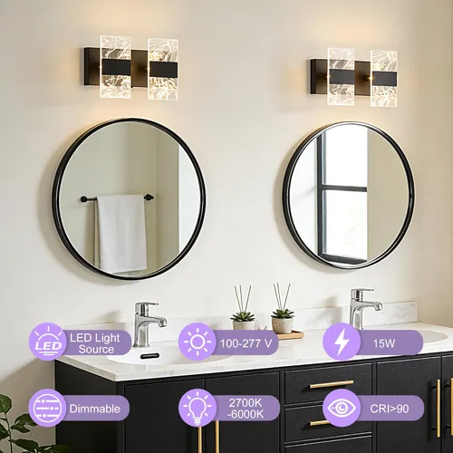 Miniatura 2 de Moderna lámpara LED de baño, regulable, 2 luces, color negro, 5CCT, ajustable, luces de tocador sobre el espejo, luces LED de acrílico ahumado