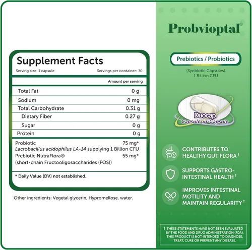 Miniatura 6 de Probvioptal, 30 cápsulas, probióticos y prebióticos, Duocap, 1 mil millones de UFC, sin gluten