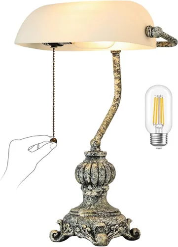 Miniatura 9 de Lámpara de Escritorio de Banqueros Retro de Cristal Ámbar con Interruptor de Cadena de Tirar para Oficina en Casa, Biblioteca, Accesorio Enchufable