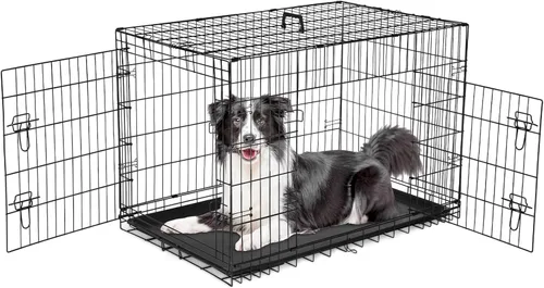 Miniatura 10 de Sweetcrispy Jaula para perros de 48 pulgadas, jaulas medianas y grandes de doble puerta plegable de alambre de metal con bandeja de plástico a