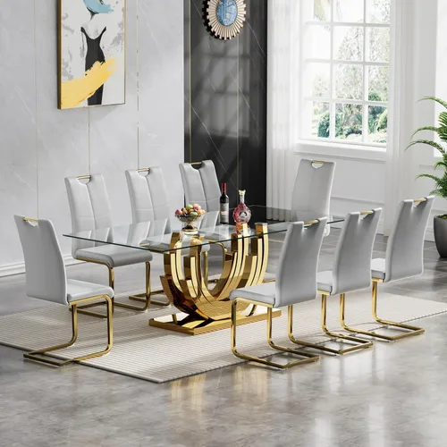 Miniatura 24 de Juego de mesa de comedor de cristal dorado moderno de 70 pulgadas para 4, juego de mesa rectangular de 5 piezas con base de acero en forma de anillo
