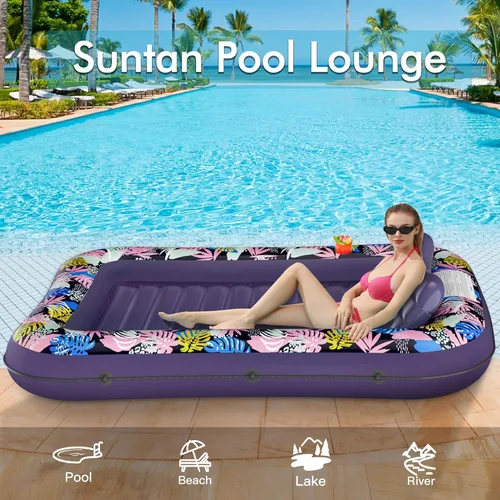 Miniatura 5 de OKSUWATER - Flotador para tumbona de piscina, de 75 x 51 pulgadas, para adultos, con reposacabezas y soporte para bebidas, cama inflable para tomar