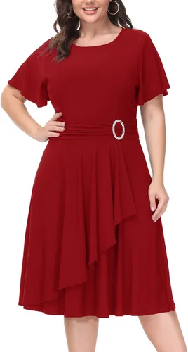 Hanna Nikole Women Plus Size Empire Waist Cocktail-Party-Dress, Flowy Ruffle Cascade Wedding Guest Dress with Rhinestone
