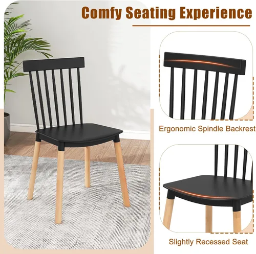 Miniatura 4 de Giantex Juego de 4 sillas de comedor Windsor, modernas sillas de cocina negras con respaldo de husillo y asientos curvos, patas de madera maciza