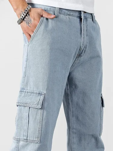 Miniatura 7 de Jeans para hombre con letras parcheadas con detalle de solapa, bolsillo lateral, jeans cargo para hombres
