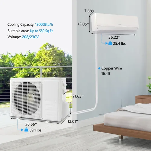 Miniatura 8 de Bonnlo Sistema de calefacción mini split de 12,000 BTU con inventor, 23 SEER 115V de ahorro de energía sin conductos de aire acondicionado
