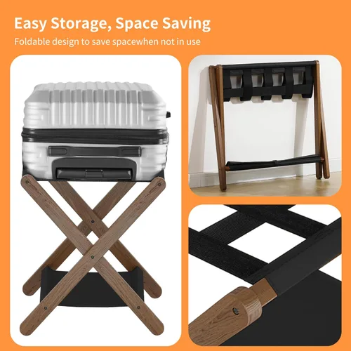 Miniatura 7 de Heybly Portaequipajes, soporte plegable para maleta con estante de almacenamiento, soporte de equipaje con 5 correas de nailon para habitación