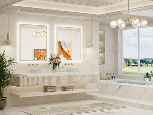 Miniatura 7 de TETOTE Espejo de baño retroiluminado de 30 x 36 pulgadas, marco de metal dorado cepillado, luz LED, 3 colores, blanco/cálido/natural, sin escalones