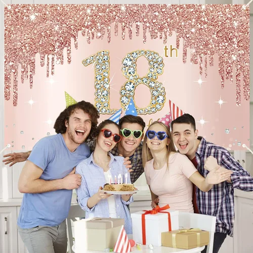 Miniatura 7 de Cartel de 18 cumpleaños con texto en inglés «Sweet 18th Birthday» para niñas, suministros de cartel de fiesta de cumpleaños de 18 años de color rosa