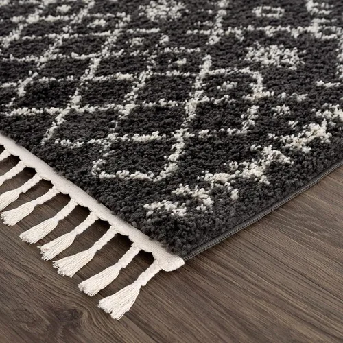 Miniatura 106 de Hauteloom, Duncans - Alfombra de estilo granja de pelo mullido para sala y dormitorio, con borlas - Beige, carbón, gris - 2 pies 7 pulgadas x 7 pies