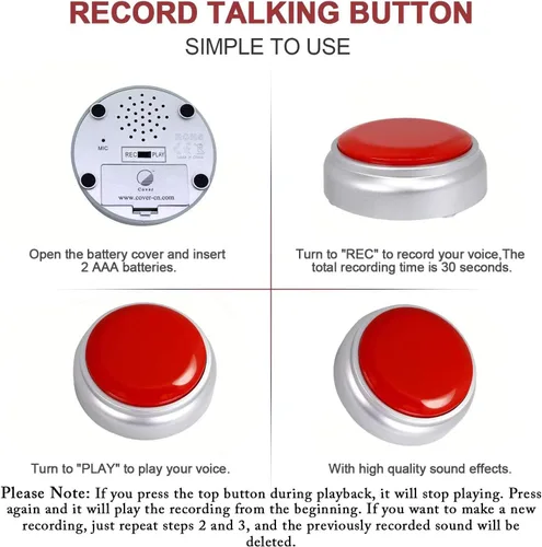 Miniatura 4 de Botón grabable, botón de grabación parlante, botón fácil de grabar por voz 30S, botón de efecto de sonido con reproducción (rojo y plateado)