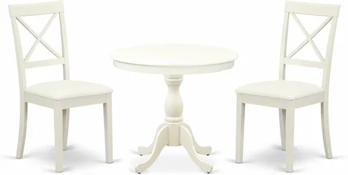 Miniatura 21 de East West Furniture AMBO3-BCH-W Juego de mesa y sillas de cocina de 3 piezas contiene una mesa de comedor redonda con pedestal y 2 sillas de asiento
