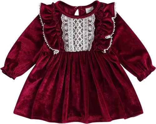 Trajes de Navidad para niñas pequeñas, vestido de manga larga, falda vintage de encaje de una pieza, vestido de fiesta de terciopelo rojo, vestido