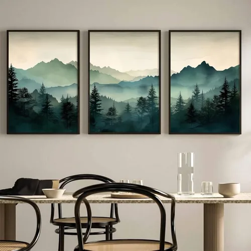 Miniatura 11 de Decoración de pared de montaña neutral Arte de pared de set de 3 lienzos de bosque Arte de pared de paisajes Arte de pared moderno Cuadros