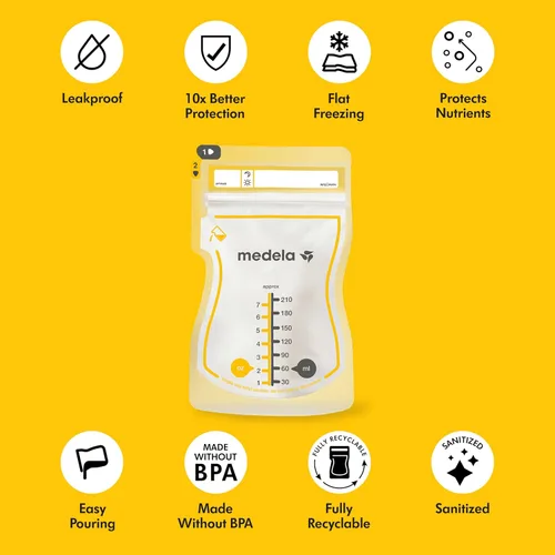 Miniatura 2 de Bolsas de almacenamiento de leche materna Medela Easy Pour 200 unidades 210ml/7oz Desechables, a prueba de fugas, congelación rápida, protección