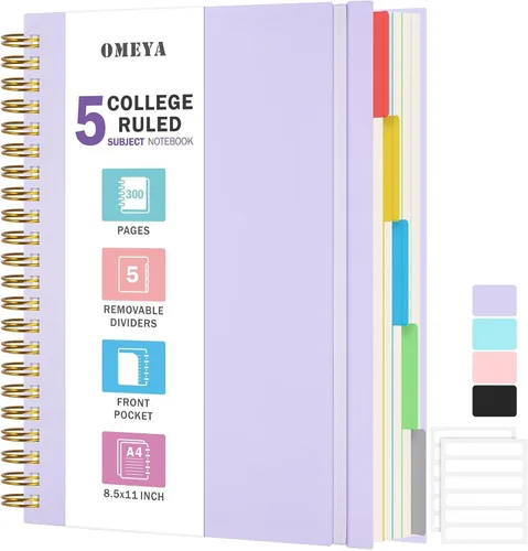 Miniatura 8 de Cuaderno de Espiral 8.5" x 11", Cuadernos de 5 Materias con Rayas Universitarias con Divisores Removibles, 300 Páginas 100GSM Diario de Escritura