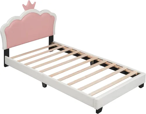 Miniatura 4 de Cama de plataforma tapizada de tamaño individual, marco de cama de plataforma de madera con cabecera en forma de corona, elementos de dibujos