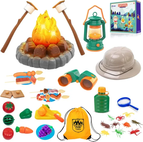 Juguetes de campamento para niños, fogata de juguete, linterna, sombrero de safari, binoculares, botella, comida de juguete, malvaviscos, juego de