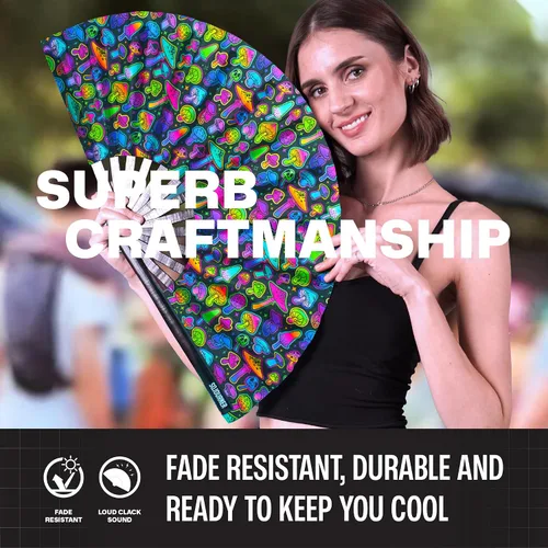 Miniatura 129 de SoJourner Bags Rave Fan – Ventilador plegable grande – Ventilador de mano Clack para raves, Halloween, Burlesque, trajes de arcoíris para mujeres