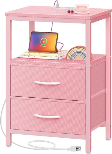 Miniatura 24 de Huuger - Mesita de noche con estación de carga, mesa auxiliar con 2 cajones de tela, mesa de centro con estante abierto, mesita de cama con puerto