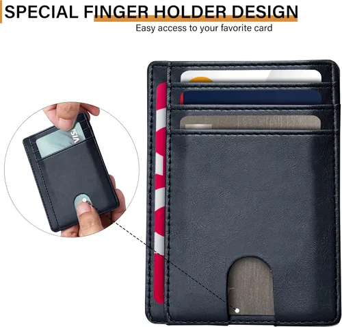 Miniatura 5 de AMEHA Cartera minimalista delgada para hombre, bolsillo frontal, de cuero real, con bloqueo RFID, tarjetero de crédito comercial con ventana