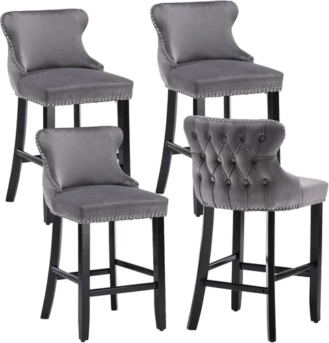 Miniatura 9 de mikibama Juego de 2 taburetes de bar de terciopelo con respaldo de ala, sillas de bar tapizadas con botones capitoné con altura de mostrador