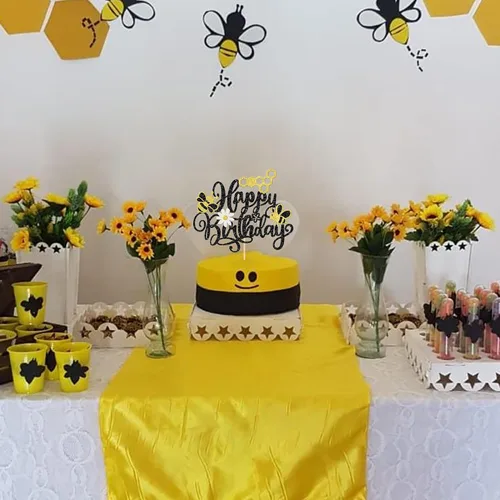 Miniatura 7 de 1 decoración para pastel de cumpleaños con purpurina de panal de abeja y flores, selección de pastel de feliz día para baby shower, suministros