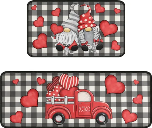 Miniatura 8 de Juego de 2 alfombras y tapetes de cocina, para el día de San Valentín, decoración de corazón rojo, antideslizantes, parte trasera de goma