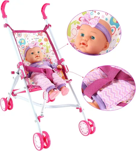 Miniatura 2 de deAO Cochecito de bebé para niños, juego de rol con una variedad de juguetes de alimentación y tapete de juego, cuna de viaje, cochecito y bolsa