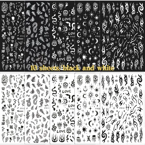 Miniatura 2 de 10 hojas de calcomanías de uñas góticas 3D, calcomanías autoadhesivas holográficas, estrellas, luna, serpiente, decoración para mujeres, consejos