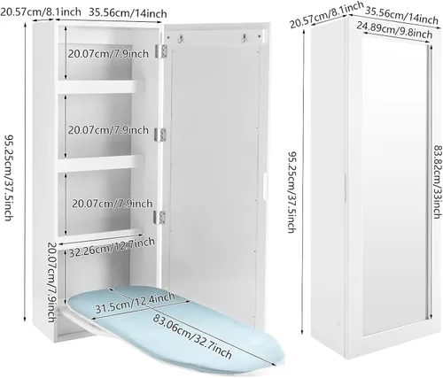 Miniatura 4 de Armario de tabla de planchar de pared giratoria de 180° con armario de almacenamiento y espejos, gabinete de planchado colgante de diseño plegable