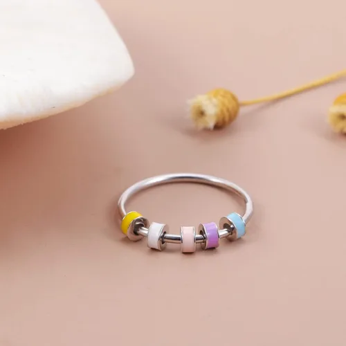 Miniatura 6 de LOVECOM Anillo giratorio de plata de ley 925 con cuentas esmaltadas coloridas para mujer, anillo giratorio antiansiedad, giratorio, apilable