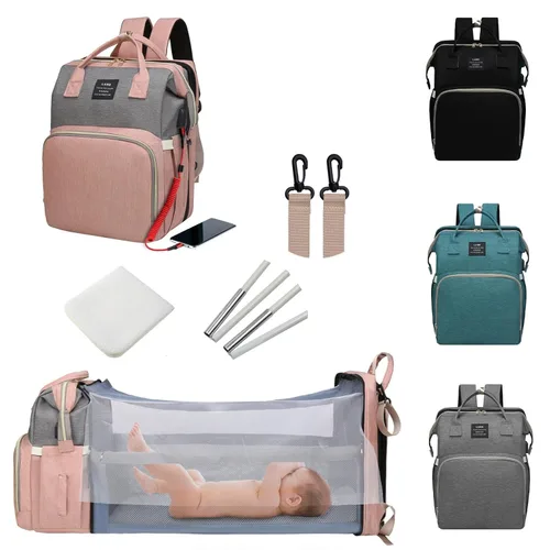 Bolsa de pañales con cambiador, mochila para pañales, bolsa de pañales de viaje 7 en 1, bolsa para mamá con puerto de carga USB (rosa-gris)