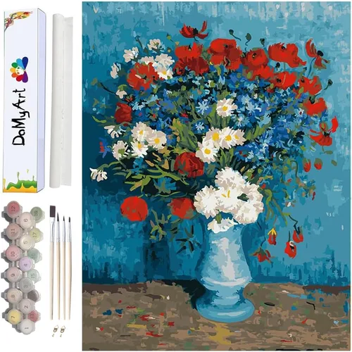 DoMyArt Kit de pintura acrílica por números para adultos, pintura de fama mundial, 16 x 20 pulgadas (jarrón con acianos y amapolas)