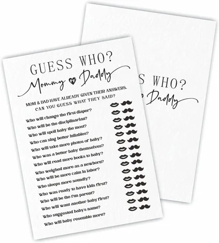 30 tarjetas de juego de Adivina quién? Juego y actividades para baby shower, diseño minimalista de mamá o papá, tarjetas de juego de estilo de