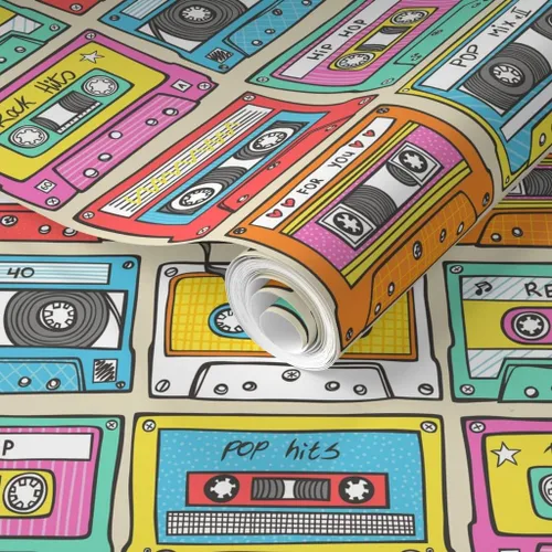 Miniatura 2 de Muestras de papel tapiz extraíbles, cinta de mezcla de música más pequeña, retro vintage de los años 90, papel pintado prepegado personalizado por