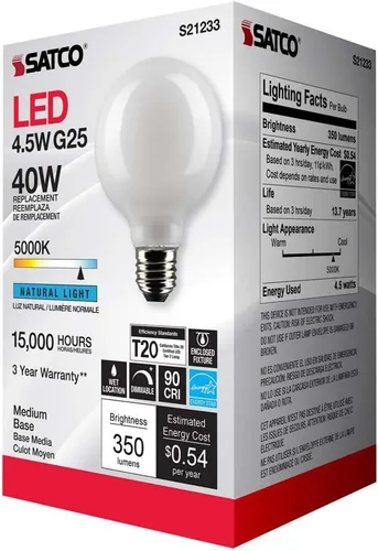 Miniatura 8 de Satco S21233 - Bombillas LED G25 de 4.5 W en acabado blanco brillante, luz blanca diurna de 5000 K, 350 lúmenes, 90+ CRI, 120 V, regulable