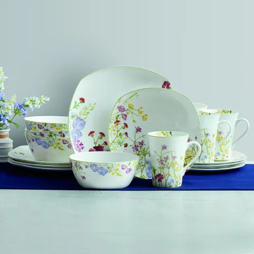 Miniatura 7 de Mikasa Wildflower Garden - Juego de vajilla de porcelana de hueso de 16 piezas para 4, platos cuadrados y cuencos con tazas, diseño floral, apto