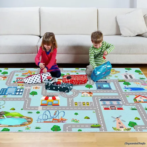 Miniatura 5 de Alfombra de coche para niños, 2 pies 7 pulgadas x 4 pies, alfombra de juego de tráfico urbano para autos de carreras y juguetes, divertida alfombra