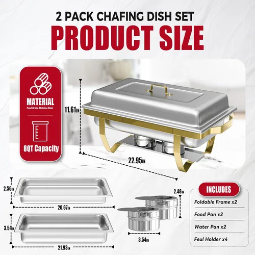 Miniatura 2 de IMACONE Juegos de Recipientes Calentadores de Buffet (Chafing Dish) de 2 Piezas, 8 Cuartos de Galón de Acero Inoxidable Rectangulares Chafers