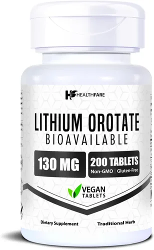 HealthFare Suplemento de orotato de litio de 130 mg | 200 tabletas vegetarianas | Mineral traza de alta biodisponibilidad | Soporte para el estado