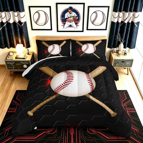 Miniatura 15 de HOSIMA Juego de edredón de béisbol 3D para niños y adolescentes, decoración de dormitorio, juego de edredón negro de béisbol y fuego, juego de ropa