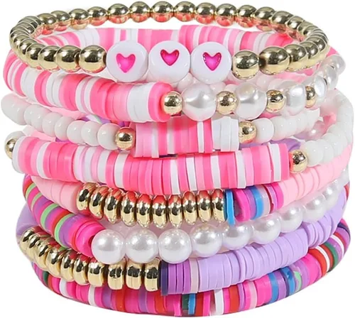 COLORFUL BLING 5-12 pulseras bohemias con cuentas de corazón de amor para mujer, disco de vinilo, Heishi Surfer, pulsera elástica apilable para