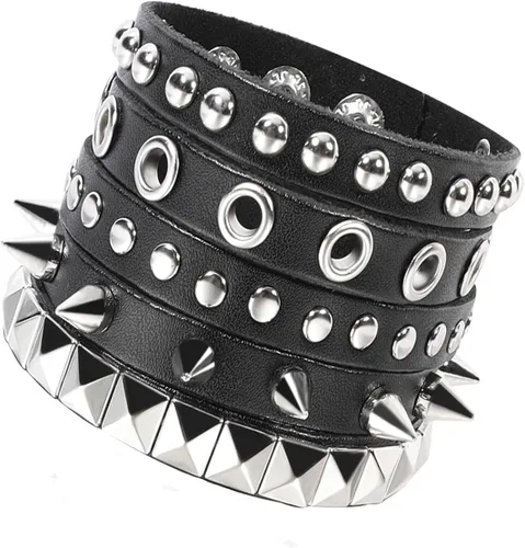 Miniatura 21 de Eigso Juego de 4 pulseras de cuero punk, con tachuelas de roca para hombres y mujeres, estilo retro, clásico, con pinchos, de metal, para hombre