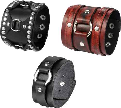 Miniatura 15 de OIDEA Assorted 3pcs Mens Punk Multistrand Leather Braided Bangle Cuff Bracelet for Biker Dad Father Size Adjustable